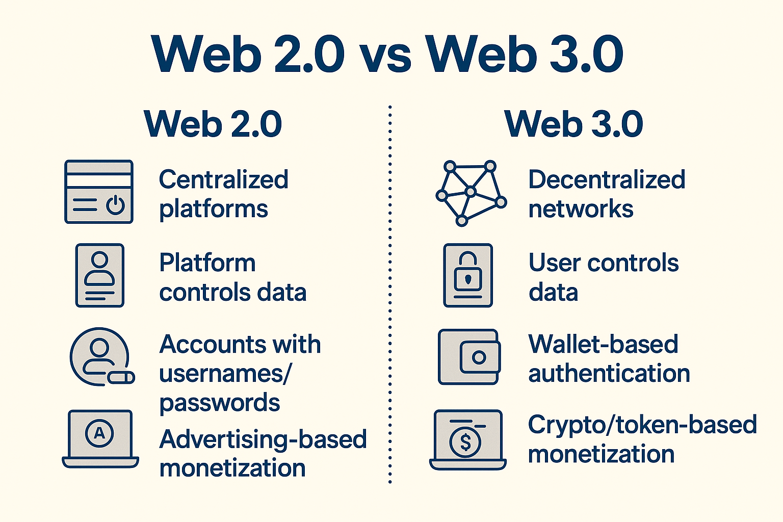 Infographic comparing Web 2.0 vs Web 3.0, highlighting differences in technology, user interaction, and impact on businesses and websites.
