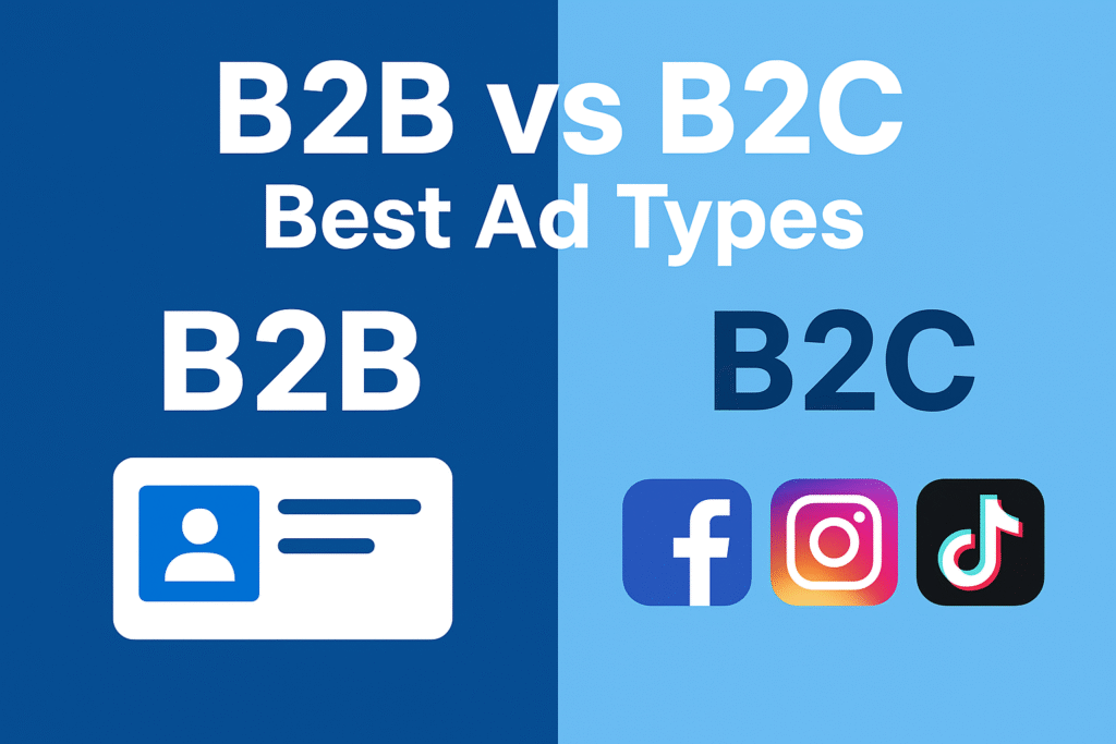Thumbnail graphic showing a comparison of best ad types for B2B and B2C marketing strategies.