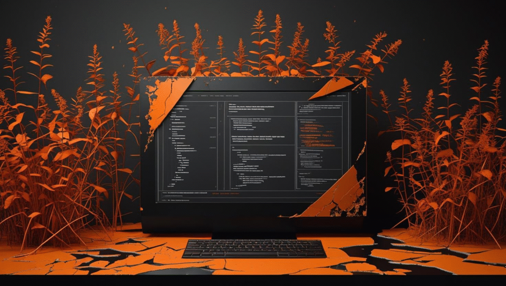 A photorealistic image depicting the consequences of website neglect, rendered in an orange and black color scheme. Why Website Maintenance Brings You More Customers
