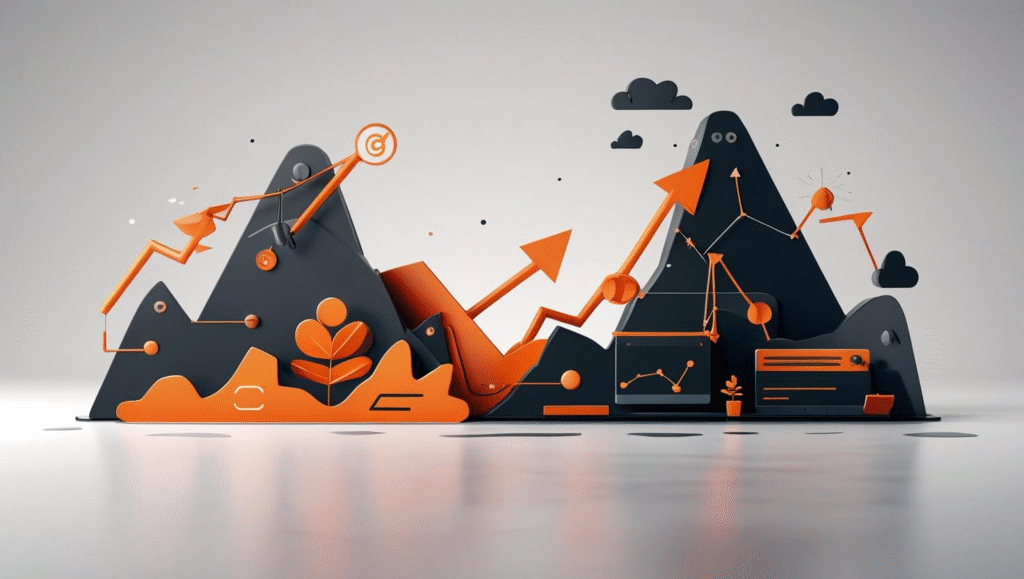 A photorealistic image depicting the abstract concepts of SEO and Paid Ads as opposing forces in a digital landscape, with a dominant orange and black color scheme. SEO vs Paid Ads: Smart Choices to Kickstart Your Online Growth