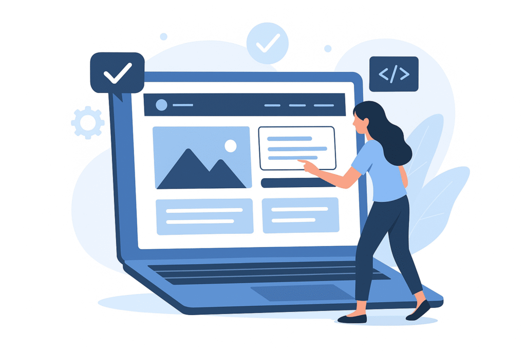 Flat-style digital illustration of a young professional working on a laptop in a modern office, symbolizing how website design impacts business credibility