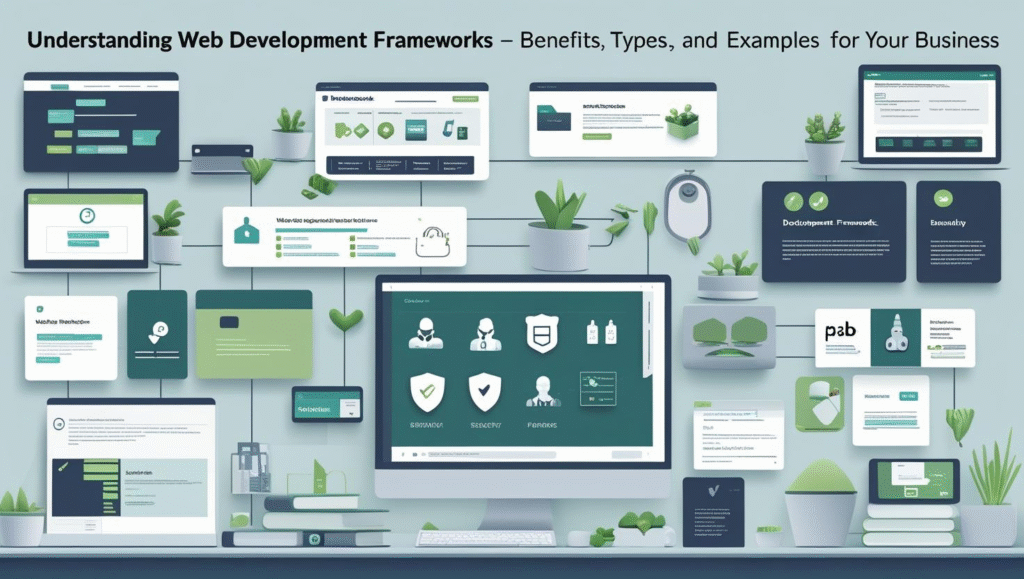 Flat digital illustration with bold colors showing concepts of web development frameworks, highlighting benefits, types, and examples for businesses on a transparent background